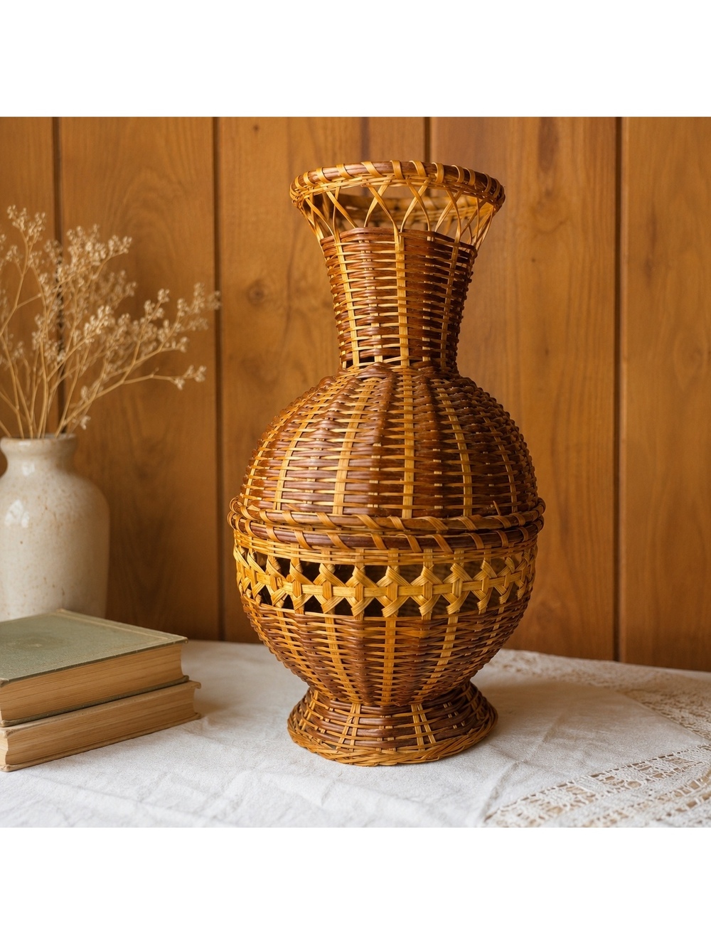 Vintage Handwoven Rattan Lidded Urn Basket 10 Inch Pedestal Wicker Decor
